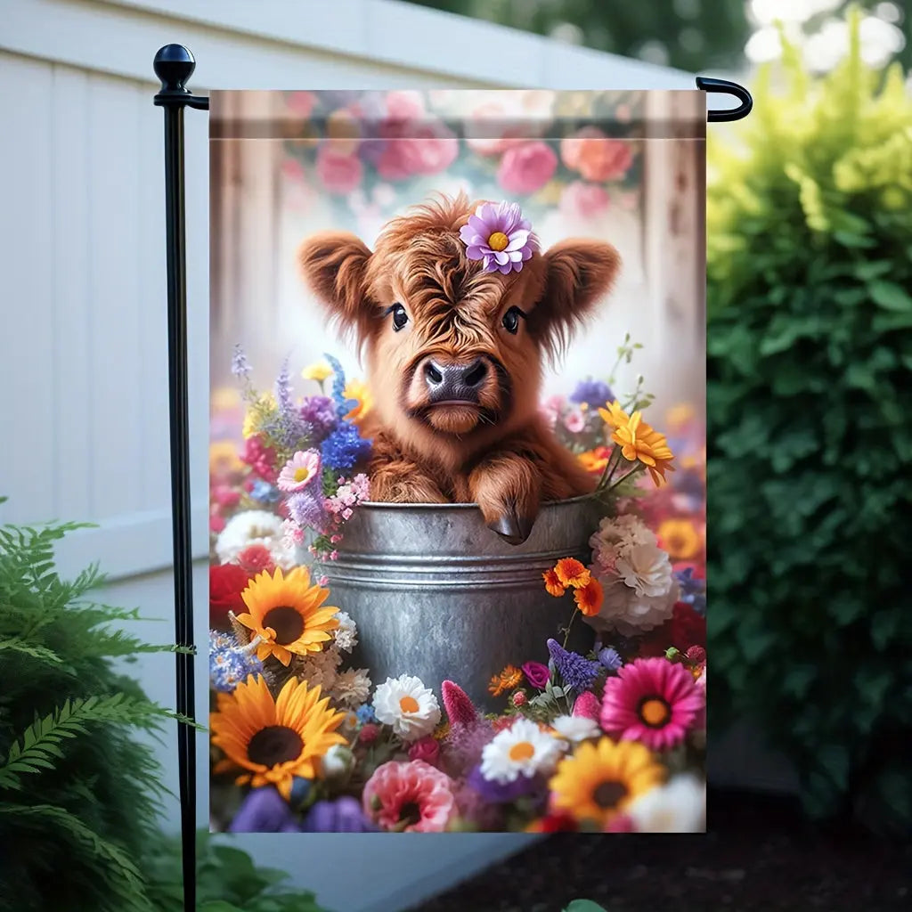 Charming Highland Cow & Floral Bucket Garden Flag - image2