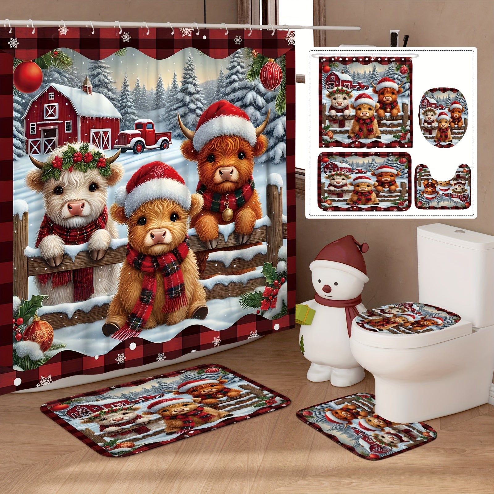 https://alittledisandat.com › products › festive-highland-cow-plaid-christmas-shower-curtain-set1728734127704 image0