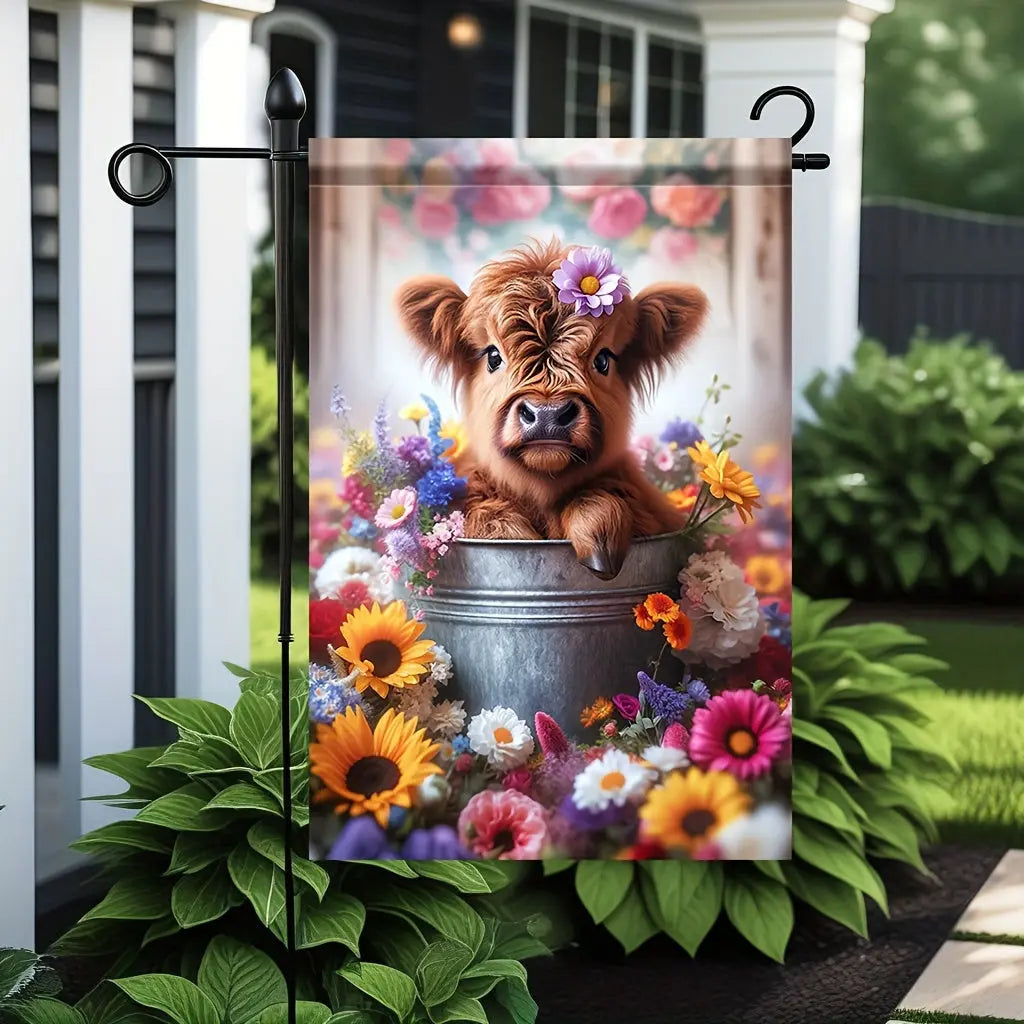 Charming Highland Cow & Floral Bucket Garden Flag -image1