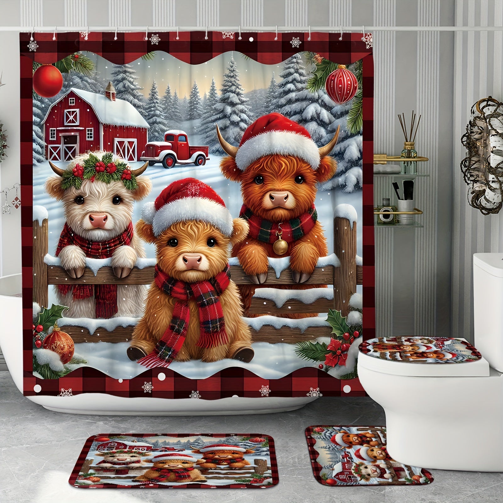 https://alittledisandat.com › products › festive-highland-cow-plaid-christmas-shower-curtain-set1728734127704 image1