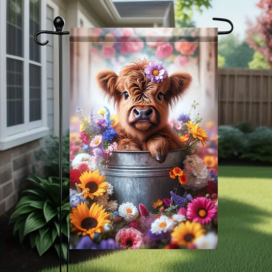 Charming Highland Cow & Floral Bucket Garden Flag