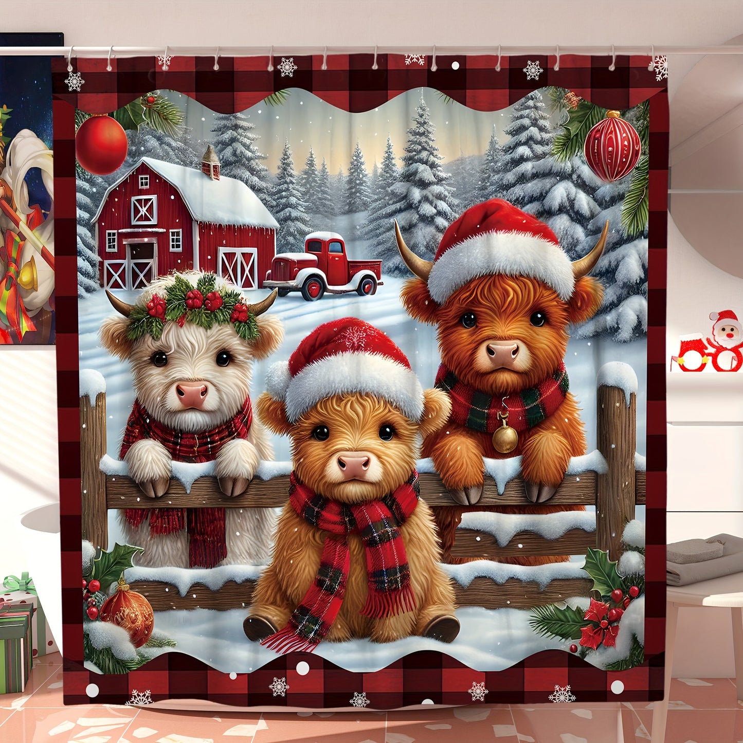 https://alittledisandat.com › products › festive-highland-cow-plaid-christmas-shower-curtain-set1728734127704 image7