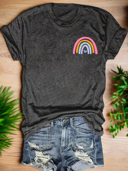 Rainbow Letter Print Crew Neck Tshirt  Womens SpringSummer Top image2