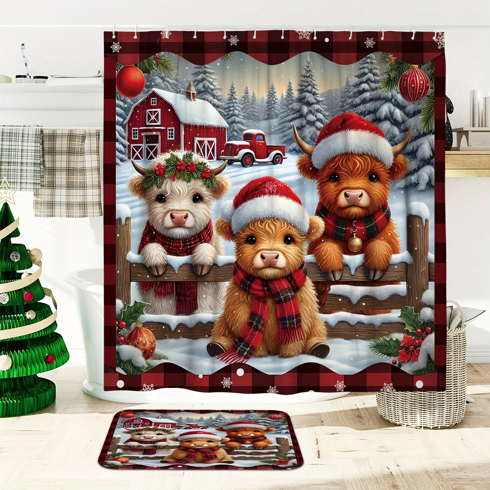 https://alittledisandat.com › products › festive-highland-cow-plaid-christmas-shower-curtain-set1728734127704 image2