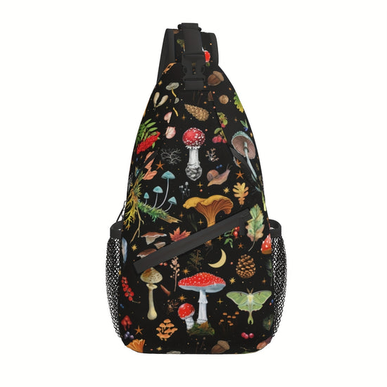 Durable Mushroom Print Sling Backpack  Water  Resistant Adjustable Travel Bag