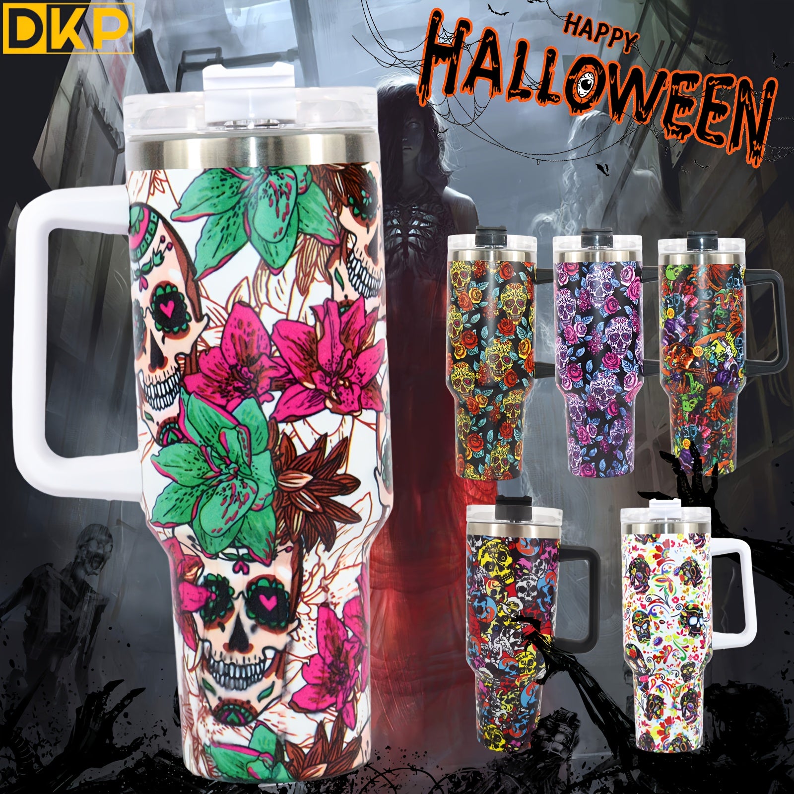 Skull Series 40oz Portable Car Cup Tumbler  Vacuum Insulated Stainless Steel with Handle Straw and Leakproof Lid  Perfect for Outdoor Camping Travel and Sports  Great Gift for Christmas Halloween and Easter